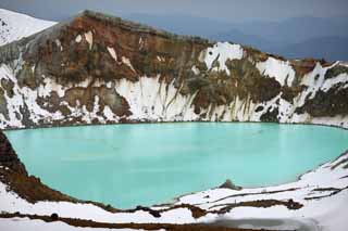 photo,material,free,landscape,picture,stock photo,Creative Commons,Kusatsu Mt. Shirane kettle, volcano, blue sky, Snow, Bave rock