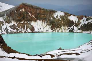 Foto, materiell, befreit, Landschaft, Bild, hat Foto auf Lager,Kusatsu Mt. Shirane-Kessel, Vulkan, blauer Himmel, Schnee, Bave-Stein