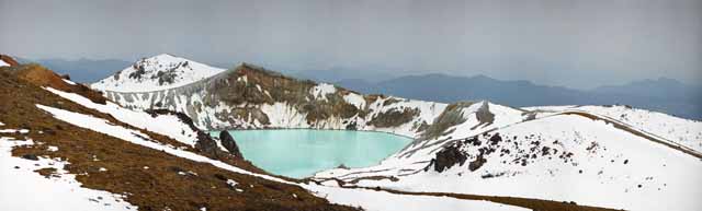 Foto, materiell, befreit, Landschaft, Bild, hat Foto auf Lager,Kusatsu Mt. Shirane-Kessel, Vulkan, blauer Himmel, Schnee, Bave-Stein