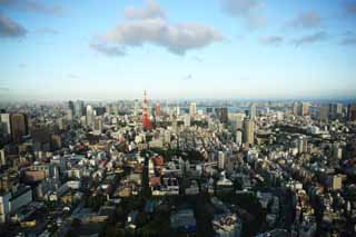 fotografia, materiale, libero il panorama, dipinga, fotografia di scorta,Tokio vista intera, Torre di Tokio, edificio a molti piani, Baia di Tokio, L'area del centro